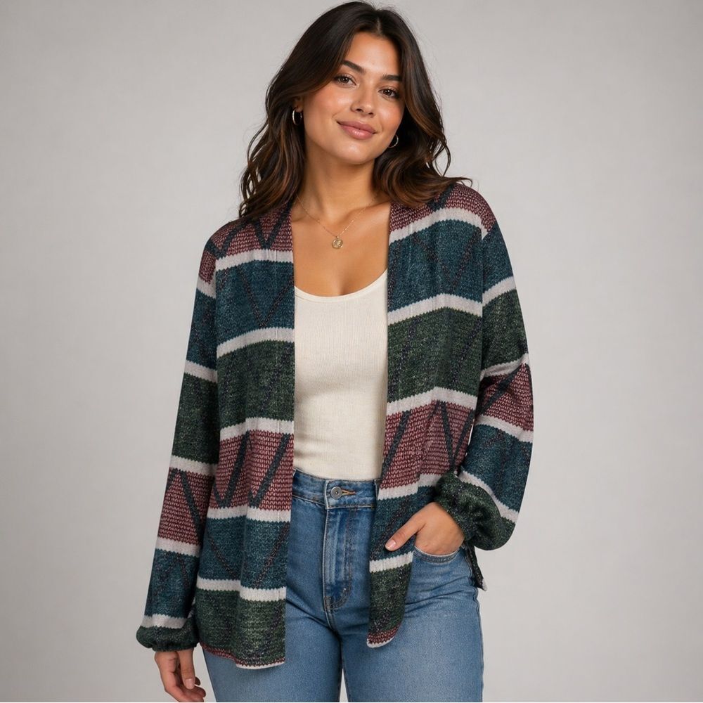ActingโPro Teal Green Mauve Striped Open-Front Cardigan with pockets size XL
